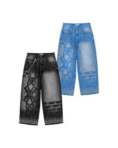 Pantalones Vaqueros Personalizados con Estampado Completo, Adornados con Pedrería, Lavado Vintage Desgastado, Diseño de Parches, Tela Transpirable, Ajuste a la Cintura y Longitud - Product Image 2