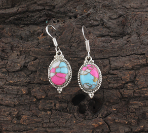 Boucles d'oreilles pendantes artisanales en forme de goutte d'eau, mosaïque de pierres précieuses en coton, bord torsadé, plaqué argent, luxe, fiançailles, style bohème - Product Image 1
