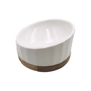 Bol en céramique blanche pour animaux de compagnie avec base en bambou, plat de nourriture et d'eau pour chien et chat, utilisation domestique moderne - Product Image 2