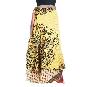 Jupes longues en soie Sari double couche pour femmes, style vintage, réversibles, à enrouler - Product Image 1