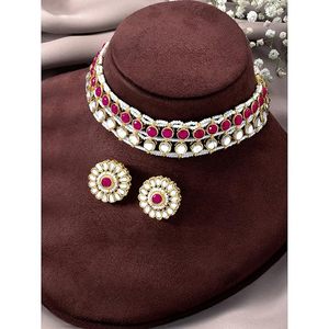Parure de bijoux ethniques indiens pour femme, collier ras-du-cou et boucles d'oreilles longues, en laiton plaqué or, avec zircon et motif floral serti en canal, pour mariage - Product Image 6