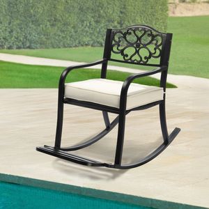 Sedia a dondolo da esterno in metallo e legno di quercia con cuscino, panca a dondolo da patio resistente alle intemperie con poggiapiedi, pieghevole - Product Image 5