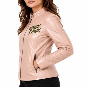 Veste en cuir pour femme, coupe slim moderne, style moto décontracté, col montant, bouton unique, imprimé logo, automne, imperméable, rembourrage en coton - Product Image 3