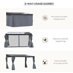 Gazebo da Esterno 3x4m con Telaio in Alluminio Resistente, Tetto Inclinato in Policarbonato e Tenda a Rete Tipo Ombrellone con Pali in Metallo - Product Image 3