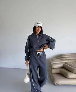 Ensemble de survêtement unisexe bleu marine personnalisé, veste zippée et pantalon large, deux pièces assorties, streetwear, vêtements de sport, vente en gros - Product Image 1