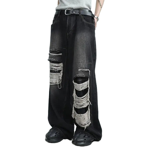 Pantalones Vaqueros Anchos Negros Rotos para Hombre, de Cintura Alta, Estilo Urbano, de Algodón, Peso Medio, Moda Otoñal - Product Image 3