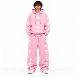 Conjunto Deportivo de 2 Piezas para Hombre, Color Rosa, Sudadera con Capucha y Pantalones Deportivos Holgados con Estampado de Estrellas, Estilo Urbano - Product Image 1