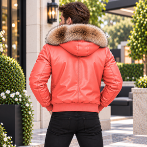 Chaqueta de moto de cuero premium para hombre con capucha de piel de zorro, chaqueta transpirable con diseño a cuadros, Veste en Cuir Homme, Lederjacke Herren - Product Image 4
