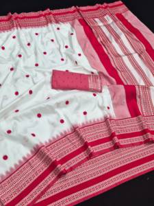 Traditional Indian Banarasi Other Material Saree White Red Polka Dot Weaving Work Women Regular Length Wedding Wear Saree <b>Blouse</b> - Product Image 5