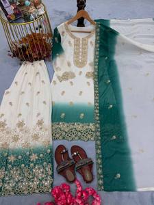 Ensemble de costume trois pièces en georgette bicolore de créateur avec haut brodé, palazzo orné de paillettes et magnifique dupatta pour femme, style ethnique - Product Image 5