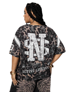 เสื้อยืดกีฬาพิมพ์ลายเสือดาวทรงโอเวอร์ไซส์สำหรับผู้หญิง สไตล์ Y2K ลายกราฟิกลอสแอนเจลิส คอวี แขนสั้น เสื้อยืดออกกำลังกาย ขายส่ง - Product Image 3