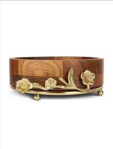 Luxury <b>Deep</b> Wooden Serving Bowl Gold Floral Base Accent Premium Tableware Skies Trader - Product Image 1