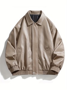 AAFII IMPEX Blouson Bomber Unisexe en Cuir PU Beige Col Rabattu Fermeture Éclair Écologique Vintage Décontracté Imperméable - Product Image 2