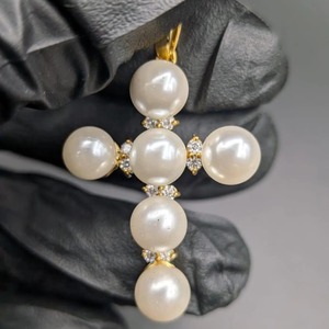 <b>Cross</b> Pendant Moissanite 925 Silver With Imitation Pearls And Round Cut Diamonds Unisex Religious <b>Charm</b> - Product Image 1