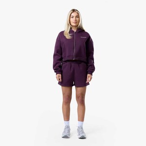 <b>Women</b> Solid Color Cotton Fleece Full Zip Cropped Hoodie and Shorts Two Piece Casual Lounge Matching <b>Set</b> - Product Image 1