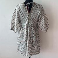 Robe mini kaftan en coton tissé imprimé à la main pour femme, motif floral, col en V, manches mi-longues, coupe ample, style bohème, tenue de villégiature, ODM Soul