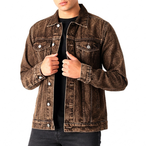 Factory Rate Men 100% Cotton <b>Covered</b> <b>Button</b> Washed Denim Jacket Turn down Collar Trucker Style Casual Spring Denim Jacket - Product Image 2