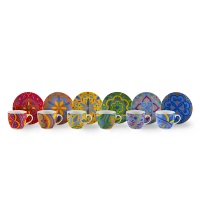 Ensemble de tasses à expresso en porcelaine durable, 6 pièces, avec soucoupes, 10 cl (3,4 fl oz), design ethnique moderne multicolore, Puebla Excelsa