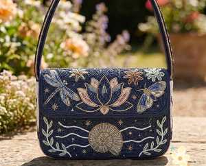 Women's Vintage <b>Navy</b> Beaded Saddle Shoulder <b>Bag</b> with Lotus Dragonfly and Nautilus Design Waterproof & Eco-Friendly - Product Image 1