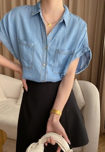 Camisa de Mezclilla Holgada con Botones para Mujer, Manga Corta, Color Sólido, Estilo Casual de Primavera/Verano - Product Image 6
