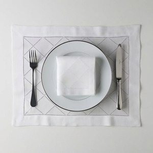 Custom Classic Luxury Washable Reuse Embroidery Hemstitch 3mm Thin <b>Placemats</b> Napkins Sets 100% Cotton Home Wedding Events - Product Image 1