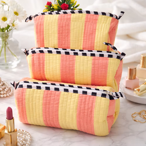 Yellow Orange Stipe Block Printed Eco-Friendly Durable Cotton Zipper <b>Makeup</b> <b>Case</b> Indian Travel Cosmetic Organizer Kit - Product Image 1