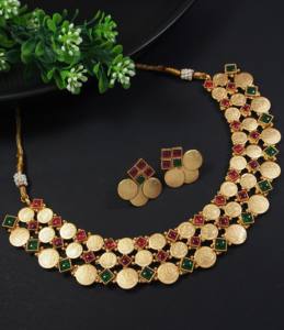 Conjunto de collar y pendientes de cobre estilo templo indio, chapado en oro antiguo, con monedas y piedras rojas y verdes, tipo gargantilla, al por mayor, para bodas, étnico - Product Image 1