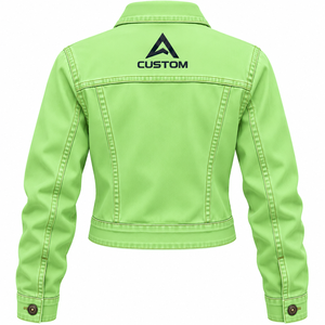 Women's Green Denim Trucker Jacket Turn-down Collar Horn <b>Button</b> Front Long Sleeve Regular <b>Coat</b> Heated Eco-Friendly Winter - Product Image 2