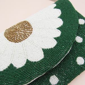 Handmade Rectangular <b>Purse</b> With Daisy Flower Embroidery <b>Green</b> Polka Dot Design - Product Image 2
