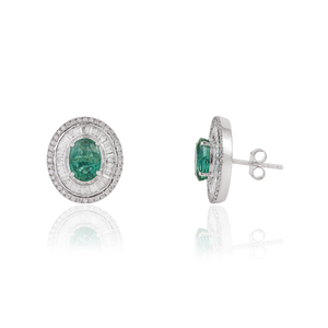 Classic Design Bridesmaid Gift <b>Emerald</b> & Diamond 14K Real White Gold Double Cluster <b>Stud</b> <b>Earrings</b> Wedding Party Wear Jewelry - Product Image 3