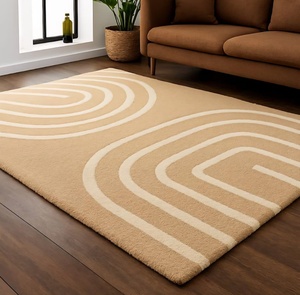 Tapis rectangulaire moderne beige avec bordure marron, en laine et acrylique, tufté, antidérapant, pour salon, tapis moderne de haute qualité - Product Image 2