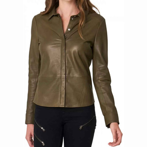 Drop <b>Shoulder</b> Chest Pocket Genuine Leather Shirts Ladies Collar Button Oversize Vintage <b>Long</b> Women's Letterman Shirt - Product Image 1