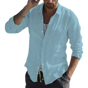 Chemises pour hommes en coton et lin de luxe, style rétro, col montant, cardigan décontracté à manches longues - Product Image 5