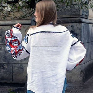 Elegante vestido de mujer de algodón blanco patrón ucraniano bordado cuello en V cuello largo Casual Vestido corto tamaño borla cremallera - Product Image 5