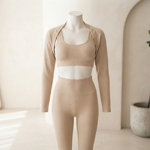 Women Beige Ribbed Yoga Set Long Sleeve <b>Bolero</b> Crop <b>Top</b> High Waist Leggings Gym Fitness Workout Activewear Two Piece Set - Product Image 1