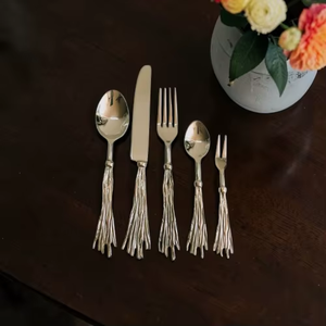 Silver Plated Minimalist Cutlery Set With Tassel Handles <b>Mirror</b> Finish Long Handle Creative Design For Wedding Use - Product Image 6