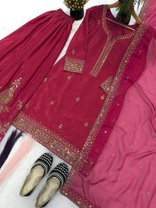 New Trending <b>Red</b> <b>Silk</b> Top-Sharara Dupatta Set Embroidery Sequins Work Fully Stitched Ready Wear Diwali Party Premium Dress - Product Image 3