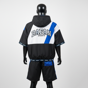 Conjunto corto cortavientos para hombre, tela de poliéster suave a prueba de viento, secado rápido, paneles en bloques de color negro, azul y blanco, estampado con logotipo, talla grande - Product Image 2