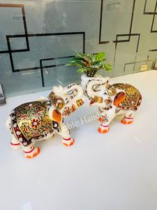 Handmade Painted Stone <b>Elephant</b> Figurine Pair Feng Shui Home <b>Decoration</b> White Gold Orange <b>Decorative</b> Statues - Product Image 2