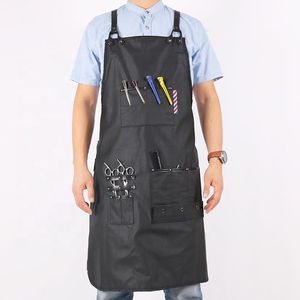 CHANGRONG Custom <b>Black</b> Leather Waterproof Cotton Canvas Beauty Salon Bib <b>Apron</b> Sleeveless Style with Pockets - Product Image 1
