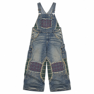 <b>Tartan</b> Check Faded Blue Jean <b>Trousers</b> Slouchy Hip Hop Urbanwear Distressed Overalls With Embroidered Motif - Product Image 2