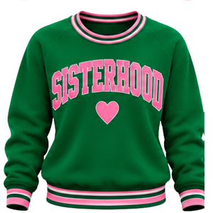 เสื้อสเวตเชิ้ตผู้หญิงลายกราฟิก Winter Green Women Sisterhood คอถักแบบริบ ปลายแขนและชายเสื้อสีชมพู ดีไซน์ตัวอักษรสีชมพู แขนยาว สไตล์ลำลอง คอกลม - Product Image 1