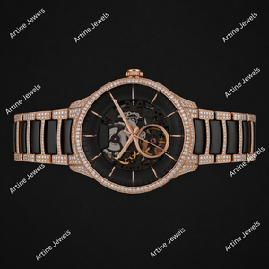 Rose Gold <b>Black</b> Skeleton Dial Crystal Set <b>Watch</b> With Open Movement Display Elegant Sparkling Bezel And Modern Fashion Style - Product Image 3