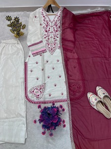 Salwar Kameez en soie blanche brodé avec dupatta rouge, robe de mariage traditionnelle indienne pakistanaise pour femmes, longueur au sol, boutique - Product Image 6