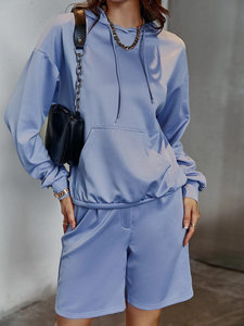 Ensemble sweat à capuche et short bleu clair pour femme, coupe ample, décontracté, deux pièces, en coton tricoté, tenue printemps-été - Product Image 4