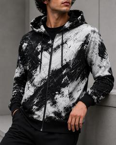เสื้อฮู้ดซิปผู้ชาย ทรงปกติ สวมใส่สบาย ผ้าถัก โพลีเอสเตอร์ 100% สีดำขาว ลายพิมพ์นามธรรม ระบายอากาศได้ดี เสื้อฮู้ดแบบยูนิเซ็กส์ - Product Image 4