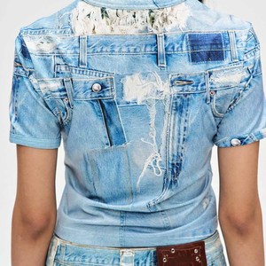Women's Denim Crop <b>Top</b> With <b>Patchwork</b> Design O-Neck Short Sleeve Streetwear Style Spring Summer Fashion - Product Image 6