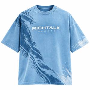 T-shirt en coton tricoté surdimensionné pour homme Richtalk, à col roulé, manches courtes, motif uni, logo frontal, bleu - Product Image 1