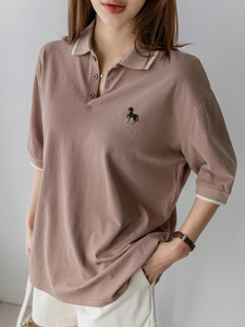เสื้อโปโลผู้หญิงทรงหลวม แขนสามส่วน ผ้าฝ้าย 100% ปักลาย สีพื้น สวมใส่สบายๆ สำหรับฤดูใบไม้ผลิและฤดูร้อน - Product Image 6