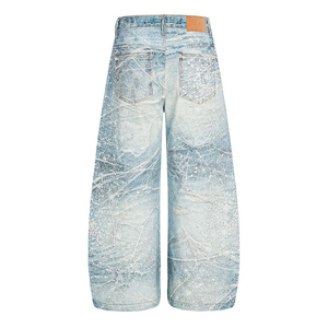 Vaqueros con estampado gráfico de pedrería, corte holgado, diseño personalizable, lavado vintage, corte tipo barril, vaqueros de mezclilla estilo streetwear, pantalones de hip hop - Product Image 3